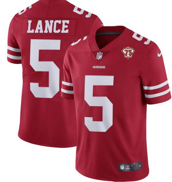 Men's San Francisco 49ers #5 Trey Lance Red 75th Anniversary Vapor Untouchable Limited Stitched Jersey